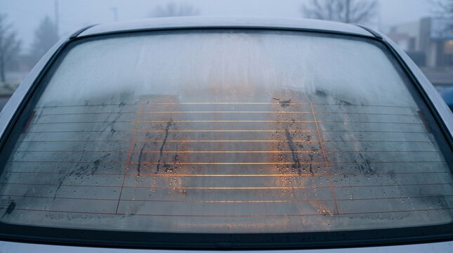 Fogged rear car windshield with glowing amber defroster heating lines at dawn, winter automotive photography