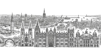 Fototapeta premium Panoramic Sketch of Edinburgh Skyline with Historic Architecture and Firth of Forth