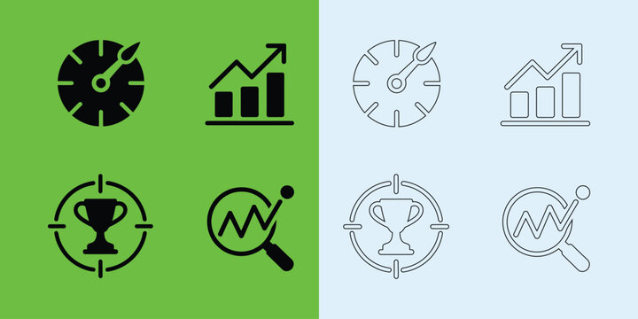 Business growth and achievement set featuring speedometers, charts, trophy targets, and data analysis symbols