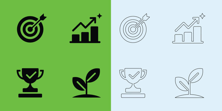 Business growth and achievement set featuring targets, bar charts, trophies, and sprouting plant symbols