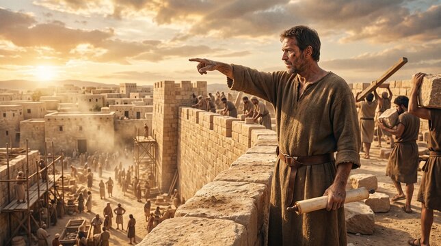 Ancient Leader Directing Workers Building Stone City Wall