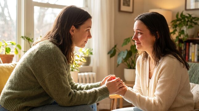 Two Women Sharing an Emotional Moment Holding Hands Indoors