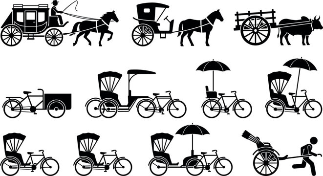 Vintage Traditional Transportation Silhouette Icon Set Featuring Horse Carriages Bull Cart Rickshaws Cargo Bicycles and Hand Pulled Rickshaw Logistics Vector Graphics