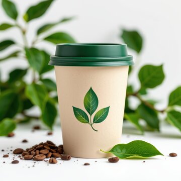 Eco-friendly coffee cup with green lid surrounded by coffee beans and leaves on white background.