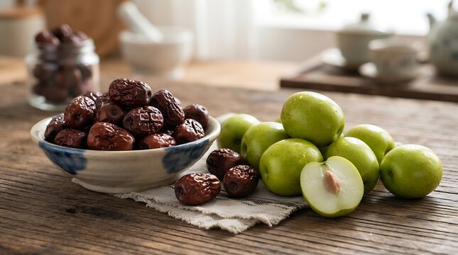 Fresh Green Jujube Fruits and Dried Red Dates on Wooden Table with Tea Set, Healthy Food Concept, Natural Still Life