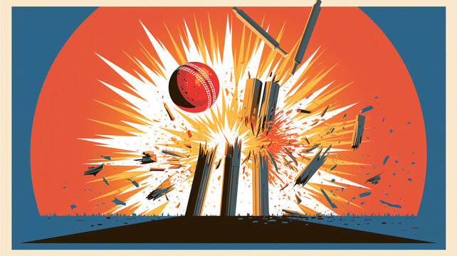 Dynamic vector artwork depicting a cricket ball hitting wickets in a high impact collision. Ai generated