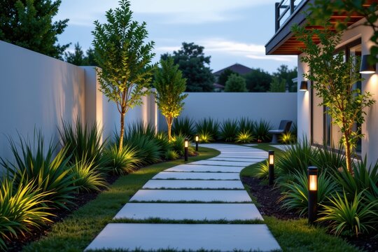 Modern garden pathway with illuminated lights, plants, and trees beside a contemporary house.