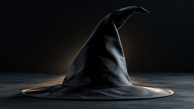 A Clean Side-View Shot of a Classic Black Witch's Hat on a Dark Surface with Backlighting