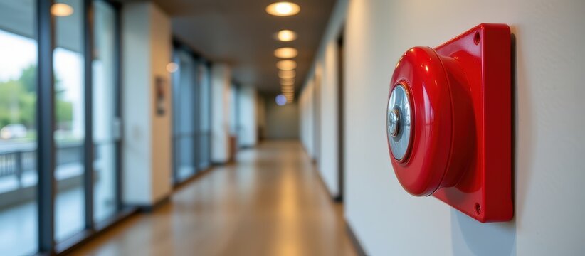 Red fire alarm bell mounted on a white wall in a modern corridor with glass doors.