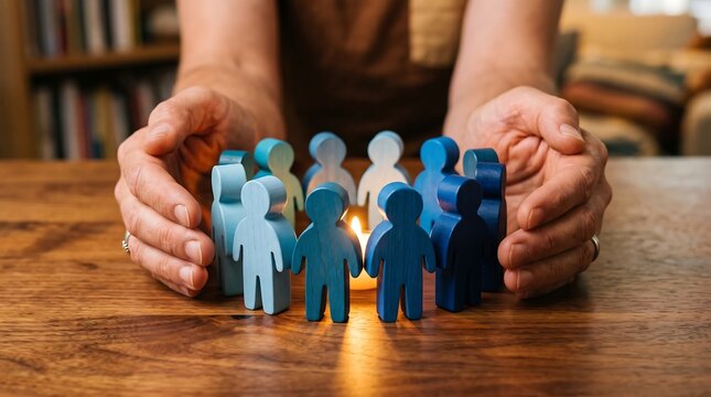 Protective hands surrounding group of blue wooden people figures on wooden surface symbolizing care and support for community members in social service or team building context