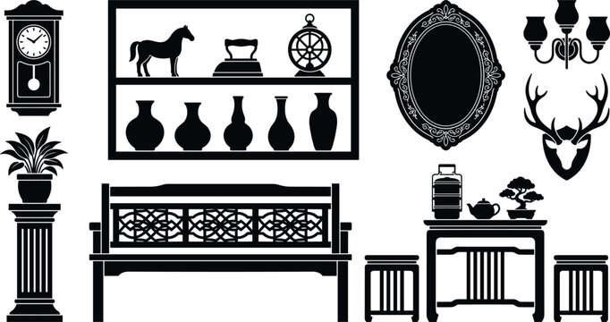 Vintage Home Decor and Antique Furniture Silhouette Icon Set Featuring Wooden Bench Cabinet Shelves Table Stools Grandfather Clock Mirror and Sconce Lamps