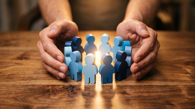 Caring hands protecting small blue wooden human figurines arranged in circle on wooden table representing community support and safety concepts in social work and business management