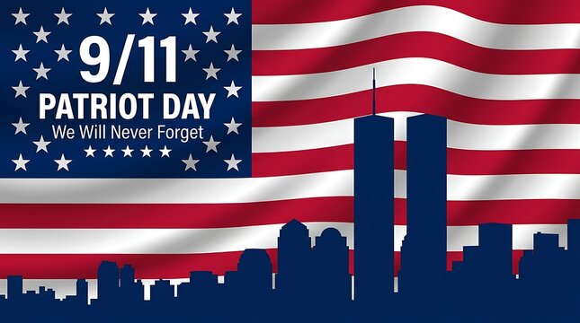 9/11 patriot day we will never forget memorial graphic with twin towers silhouette against american flag background and city skyline illustration for remembrance.