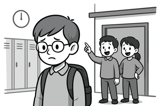Sad boy with glasses and a backpack feels bullied as classmates point and laugh at him in the school corridor.