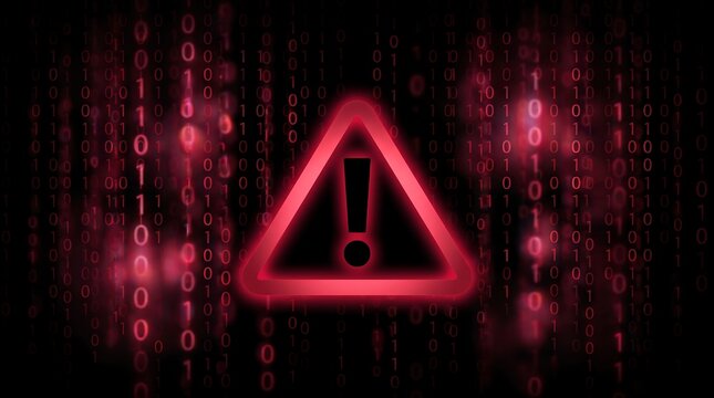 Warning alert icon glowing in red against cascading binary code background representing critical software error cybersecurity hack or system data security threat in technology
