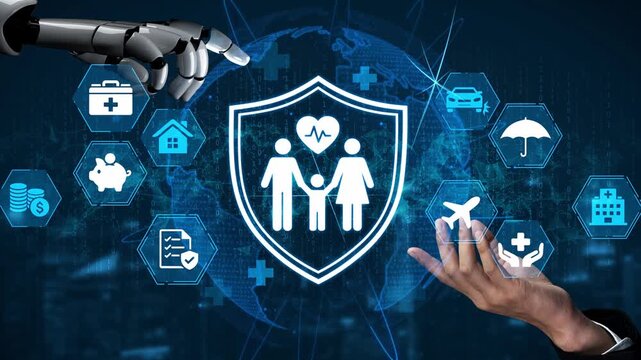 Futuristic Concept of Technology in Healthcare with Robot Hand Interacting with Insurance and Family Protection Icons on Digital Background. Entropy.
