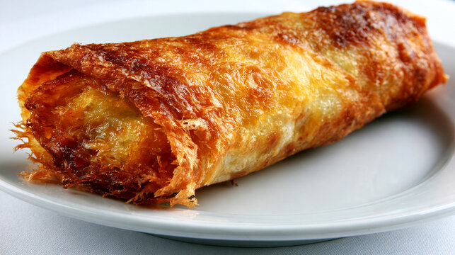 A Single Crispy Fried Spring Roll Centered on a White Plate