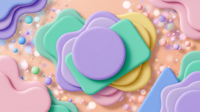 Abstract 3D pastel geometric shapes on peach background.