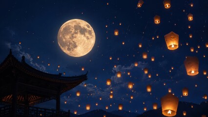 Fototapeta premium Full Moon Night with Floating Lanterns and Traditional Asian Architecture Silhouette.