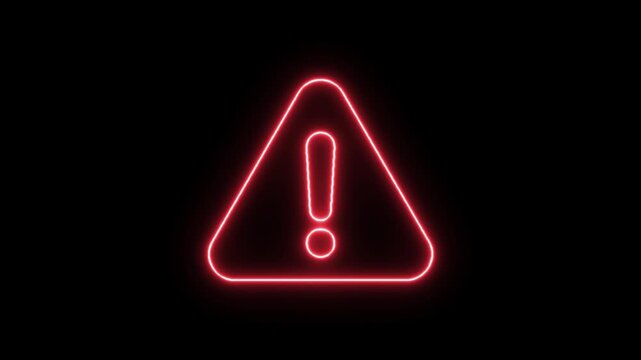 Glowing red neon warning sign with exclamation mark symbol on black background