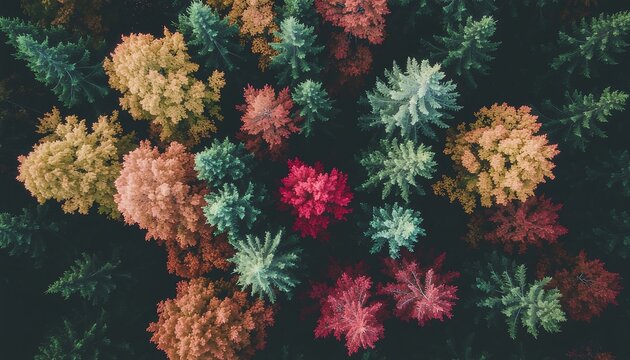 Aerial Top-Down View of Vibrant Autumn Forest Canopy with Colorful Trees