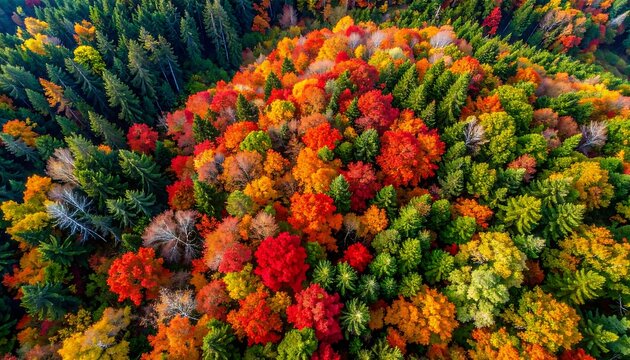 Aerial Top-Down View of Vibrant Autumn Forest with Colorful Trees
