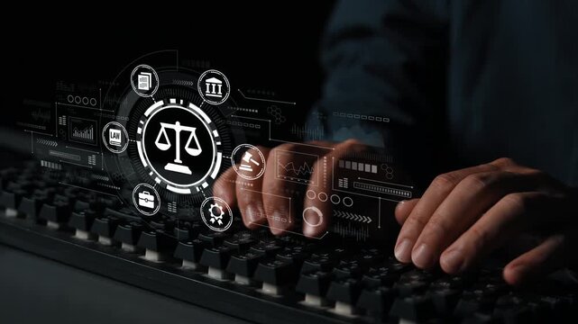 Hands at Keyboard with Digital Law Scales and Legal Symbols Representing Justice, Technology, and Legal Concepts in Modern Workflow. Entropy.