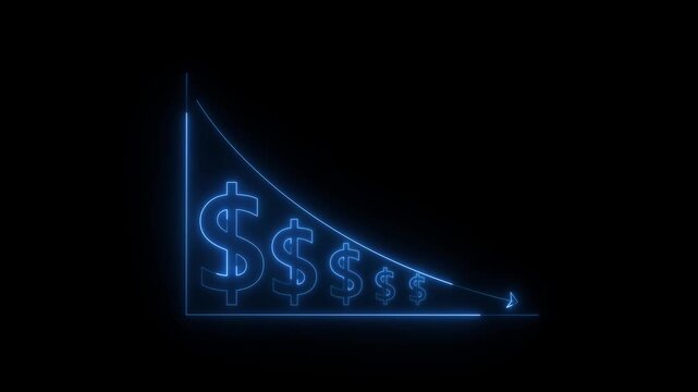 glowing neon Quality control and company cost reduction. Cost reduction icon animation. Cost decrease money down arrow. corporate business efficiently save cost and company resources by reduction.