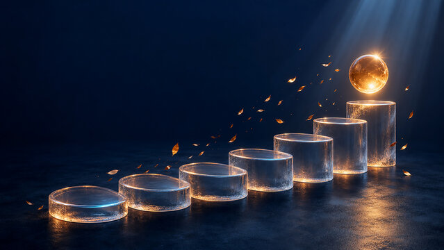 Glass cylinder steps rising toward a glowing golden sphere with drifting autumn leaves on deep navy, business growth concept, wide banner with copy space, AI generated, 深いネイビーの空間で黄金の光る球体へ続くガラスの階段 舞う落ち