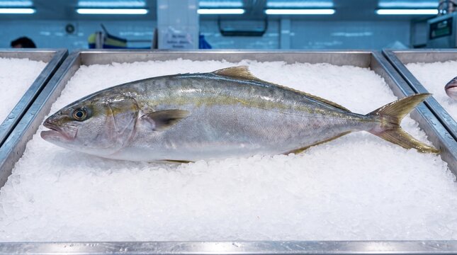 Fresh Amberjack Fish Displayed Whole on Crushed Ice at Seafood Market