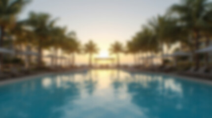 Fototapeta premium Tropical Resort Swimming Pool at Sunset with Palm Trees and Ocean View.
