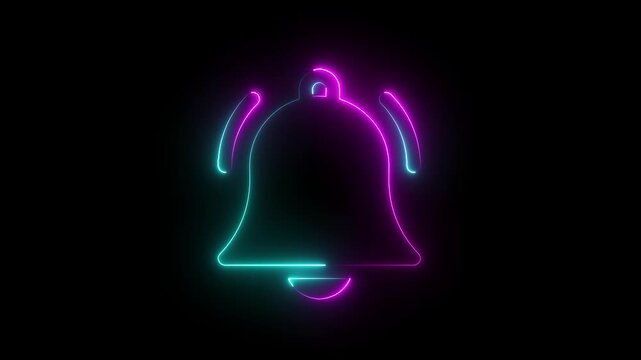 Neon notification bell glowing with pulsing light effect for social media alerts and ui