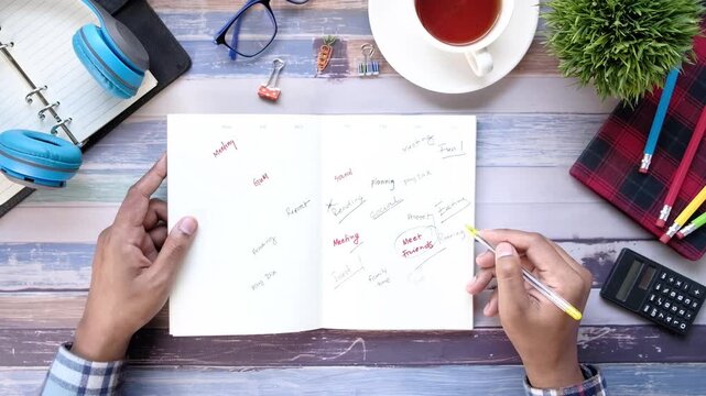 Top view of creative man writing on a notebook to plan business meeting strategy with pen at office, shot from above, creative process in motion