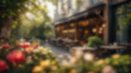 Fototapeta premium Charming Parisian Cafe Terrace Surrounded by Lush Flowers and Greenery.
