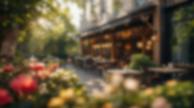 Charming Parisian Cafe Terrace Surrounded by Lush Flowers and Greenery.