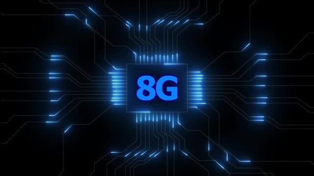 Glowing 1g network lines connecting digital data points on a dark abstract background , Futuristic 8G network visualizes digital data, Glowing lines and circuits enhance global connectivity.4k video