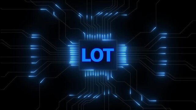 Iot circuit board with glowing blue lines and central chip internet technology. Futuristic iot network with glowing circuits. Smart device connectivity and digital data system. Circuit board icon.