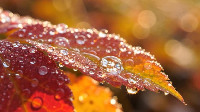 Close up of orange autumn leaf with dew.