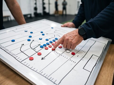Coach pointing at tactical hockey board. Strategic sports planning session with coach and players.