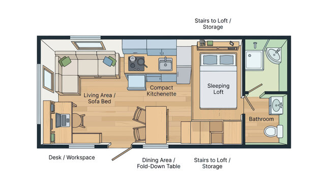 Tiny House Floor Plan with Living and Sleeping Areas