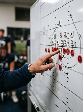 Coach pointing at tactical whiteboard during team strategy session. Sports coach analyzing game tactics with players.