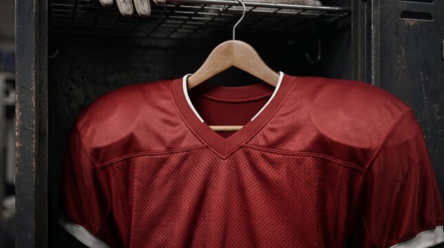 Close-up of a red sports jersey on hanger. Athletic apparel for team sports and fitness enthusiasts.