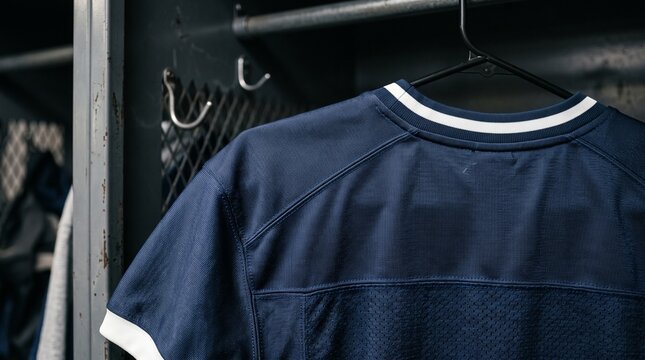 Football jersey hanging in locker room. Sports apparel display for team or athlete. Athletic clothing, team spirit, sports gear, locker room scene,...