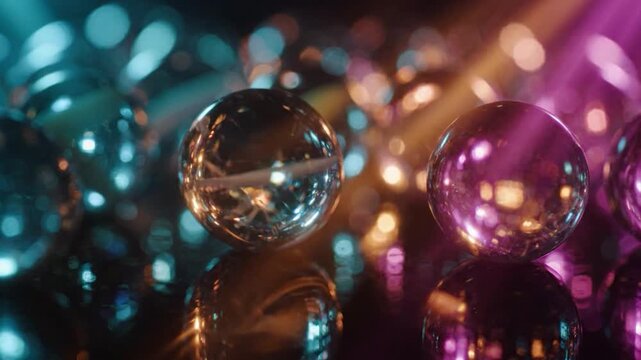Colorful glass marbles with bokeh lights.