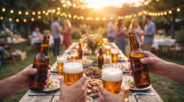 Friends raise craft beer bottles and glasses along a summer party table for a lively International Beer Day promotional image