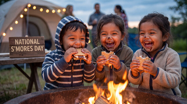 Three joyful Hispanic children eat s'mores together during a family camping trip for National S'mores Day lifestyle content