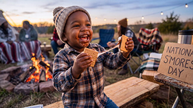 A laughing African American toddler enjoys a s'more by a glowing campfire for National S'mores Day outdoor lifestyle content