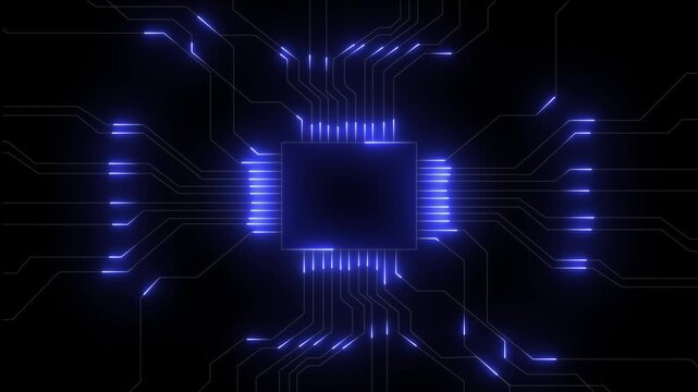 Futuristic Microchip with Glowing Neon Circuits Frame. Digital Technology, and AI in a High-Tech Virtual Interface. Product display background. Seamless loop. Created using non-AI 3d software