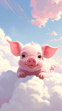 Cute pink piglet sitting happily on soft fluffy clouds in a blue sky with pink clouds, adorable digital illustration
