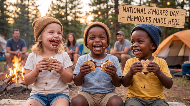 Three laughing children enjoy s'mores by a campfire capturing warm summer childhood memories for lifestyle marketing content